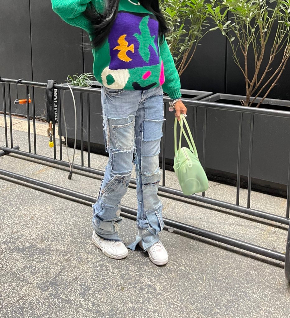 Customized Raw Hem Patchwork Jeans